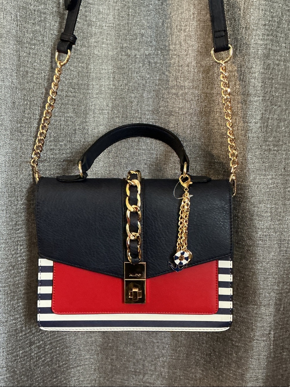 ALDO Navy, Red & White Striped Chain-Accent Satchel